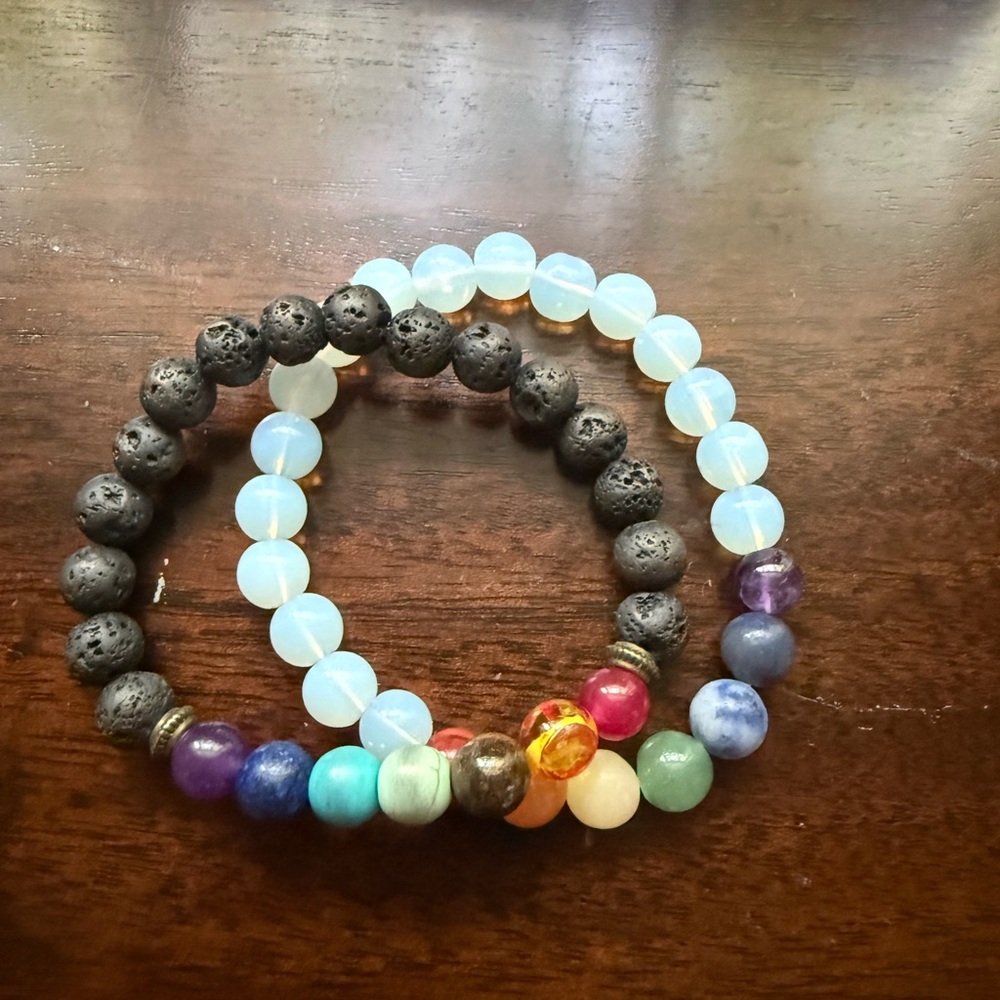Beaded Opalite and Lava Stone Stretch Bracelet Set - Multicolor